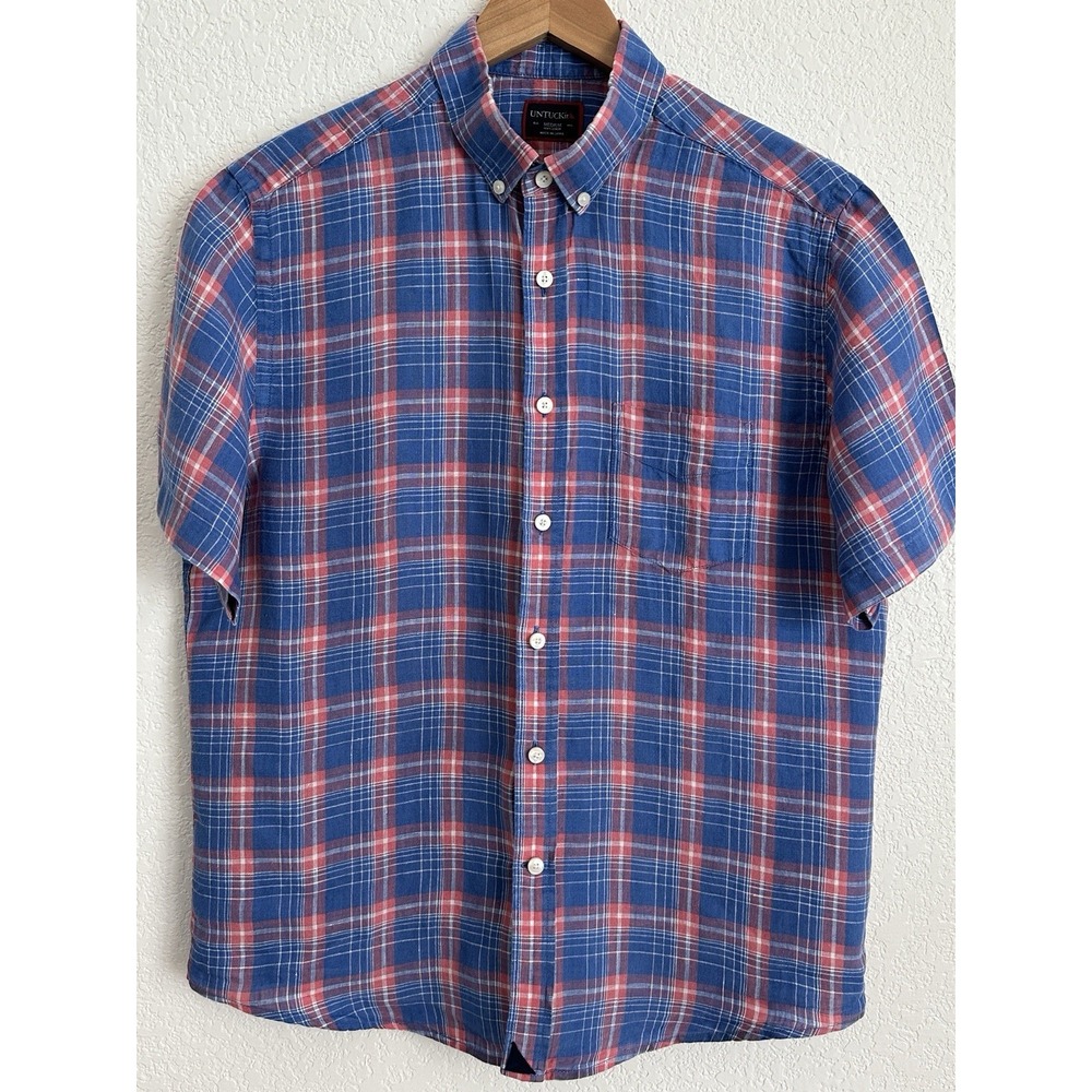 UNTUCKit 100% Linen Short Sleeve Preppy Casual Men's‎ Shirt Blue Pink Plaid Med - Picture 2 of 10